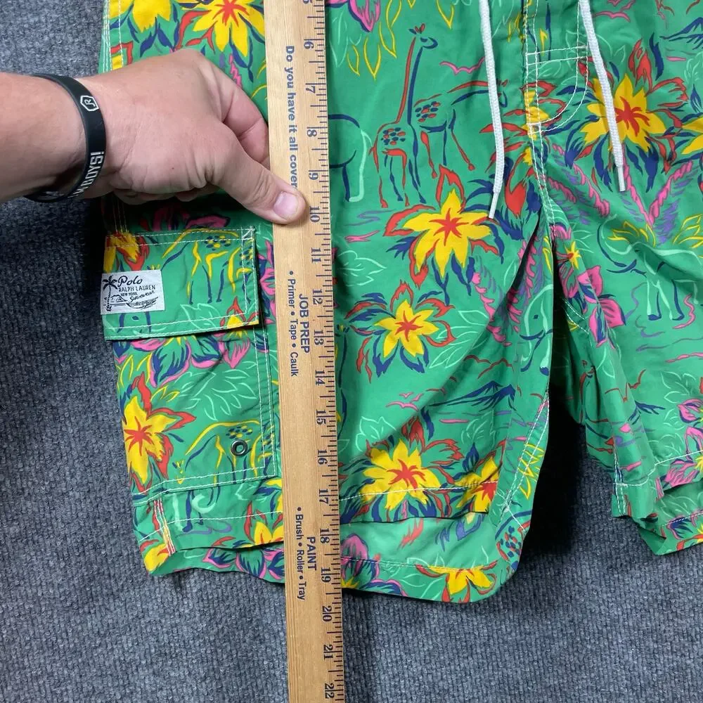 Polo Ralph Lauren Swim Shorts Men's Large Green Floral/Animal Allover Lined